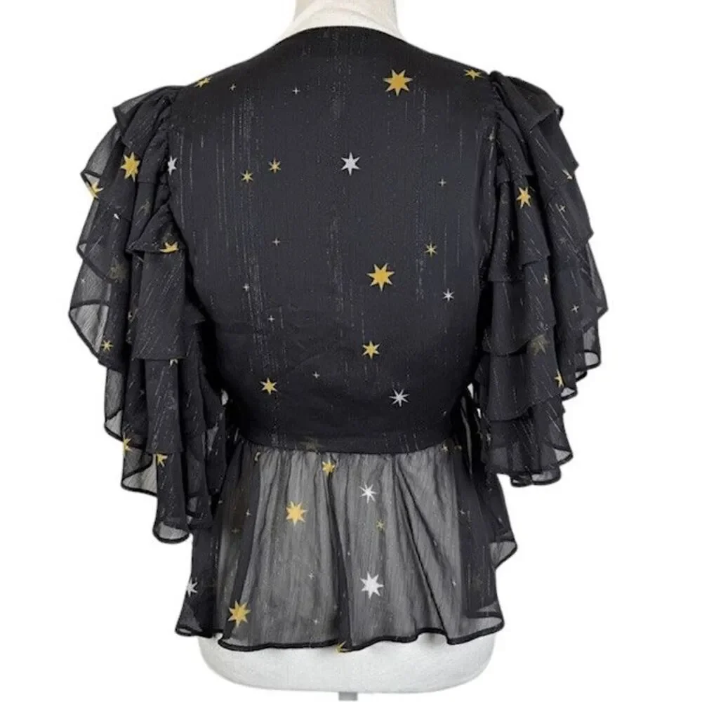 Lovers & Friends Georgie Star Bright Blouse Chiffon Ruffle Black Gold Size Small - Picture 5 of 11